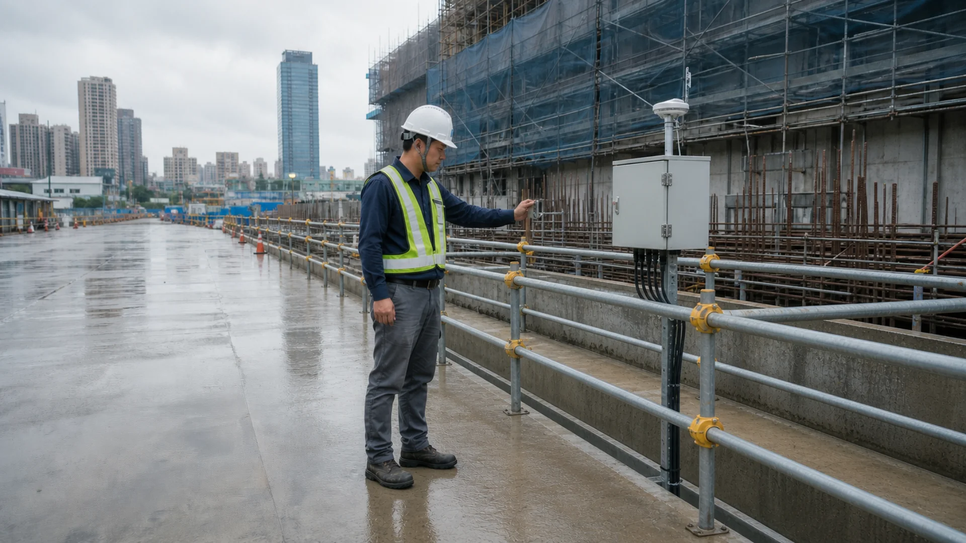 台灣都市建築工地基坑旁設置水位觀察設備與安全護欄